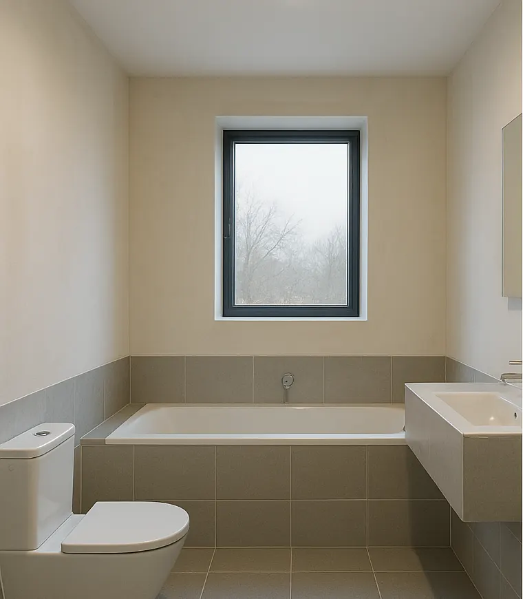 The same bathroom before renovation with dated beige tiles and a close-coupled toilet