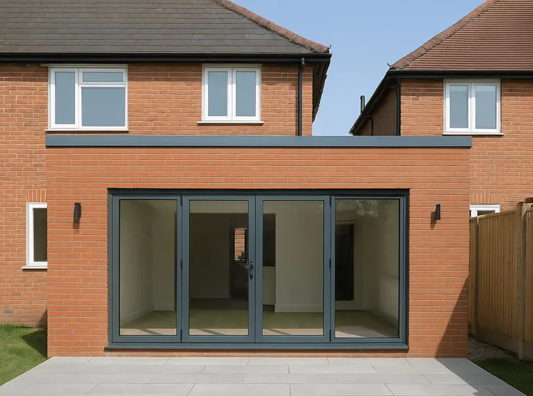 Wide brick extension with grey bi-fold doors