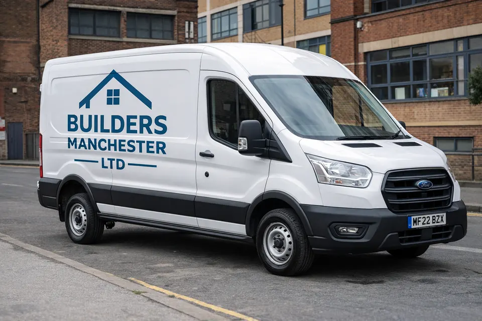 Builders Manchester Ltd van outside a Manchester building