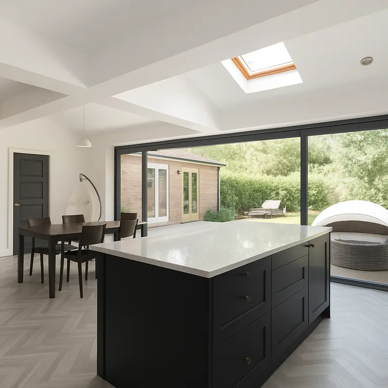 Open-plan kitchen extension with island and rooflight