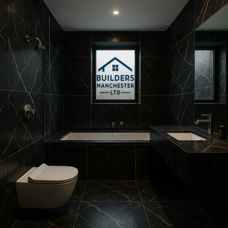 Luxury bathroom with black marble-effect tiles