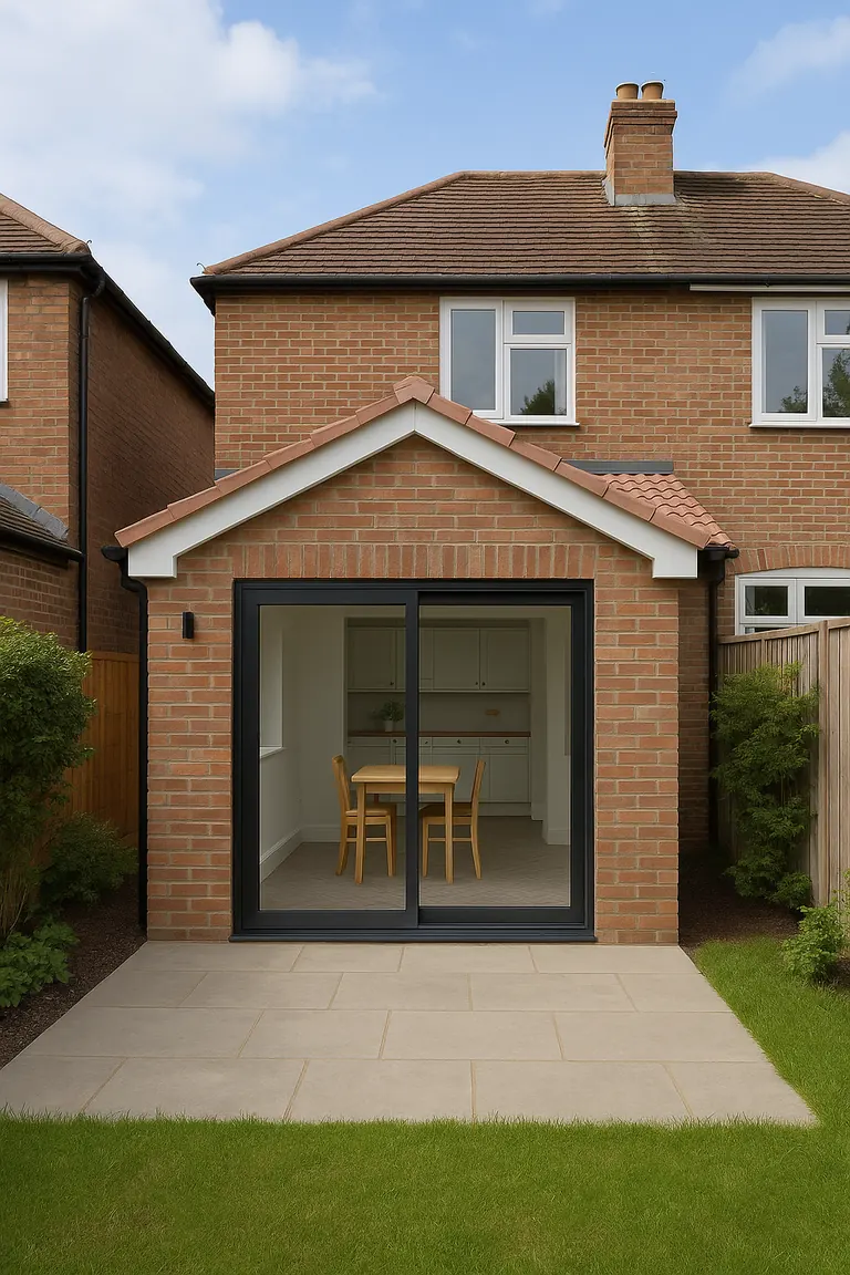 Brick rear extension with a pitched tiled roof and sliding doors