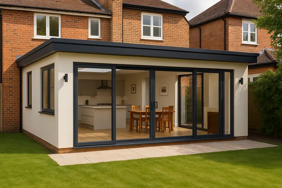Single-storey rear extension with full-width sliding doors and a flat roof
