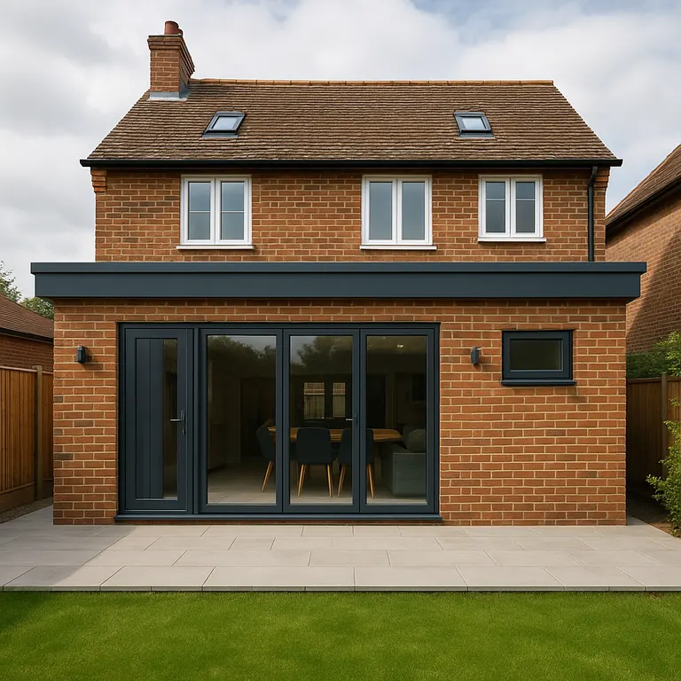 Single-storey flat roof extension with bi-fold doors